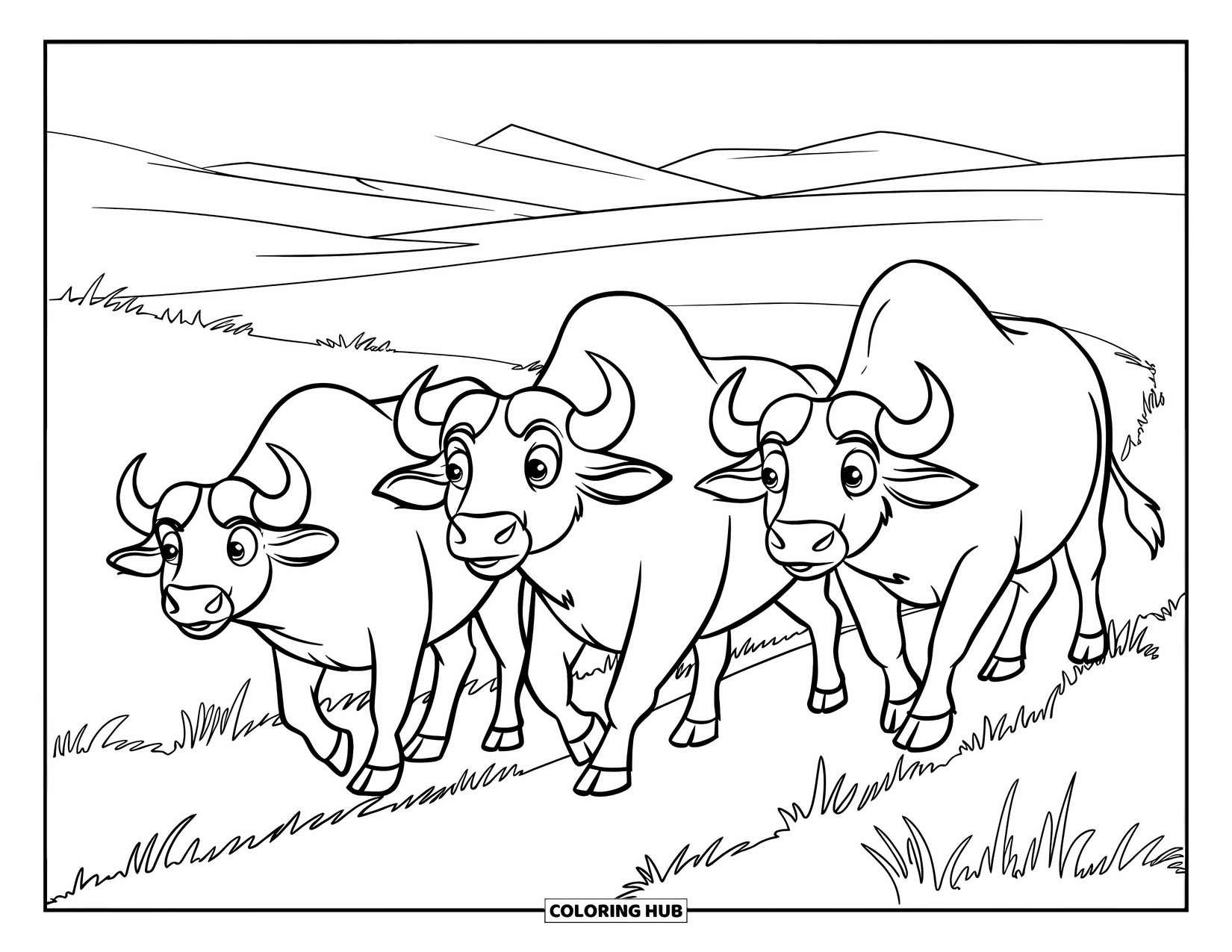 Buffalo Coloring Page for Kids: Three buffaloes walk together through tall grass in open grassland