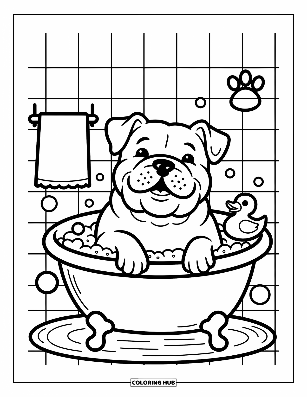 Bulldog Coloring Page for Adults: A bubbly bulldog sits in a round tub with suds, a towel, and a rubber duck