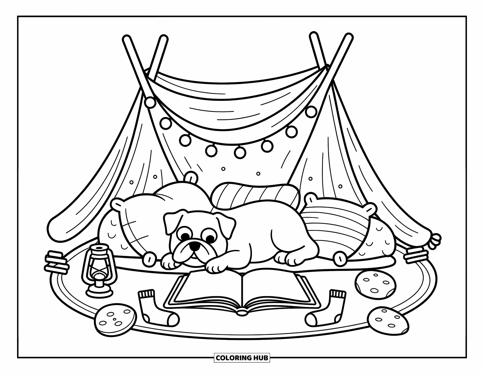 Bulldog Coloring Page for Adults: A bulldog cozies up with pillows inside a glowing blanket fort with fairy lights