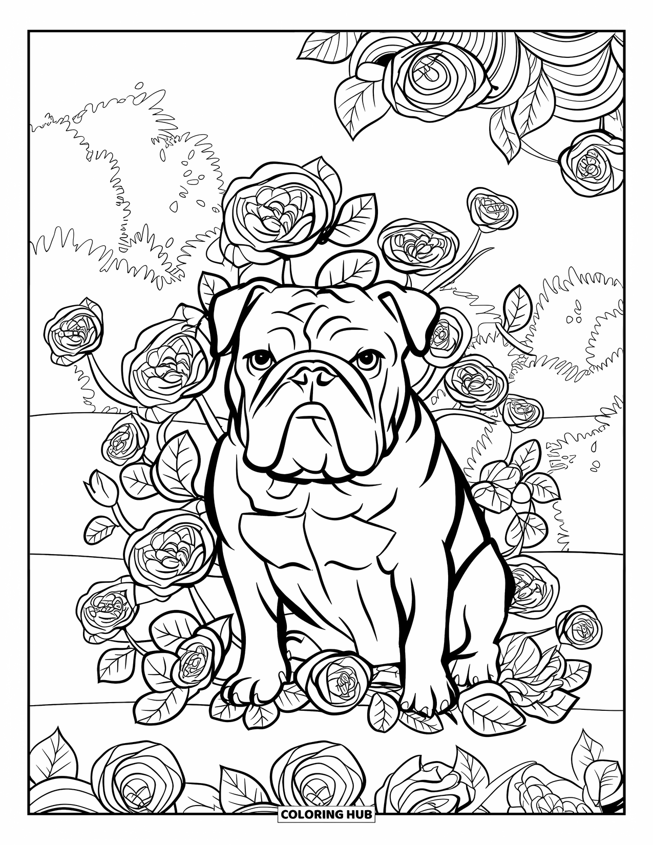 Bulldog Coloring Page for Adults: A bulldog is nestled among roses and spirals with a lush garden scene