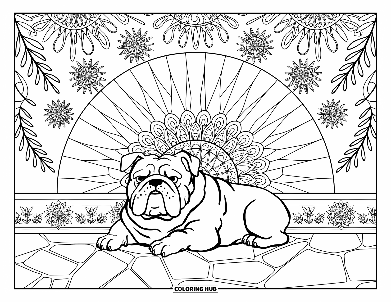 Bulldog Coloring Page for Adults: A bulldog lies on stone under a leafy mandala dome with floral borders