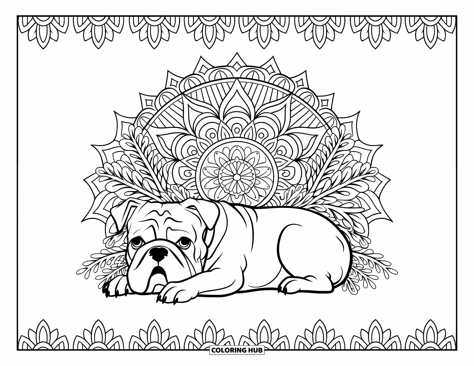Bulldog Coloring Page for Adults: A bulldog lies peacefully beneath a dome of mandalas and detailed foliage