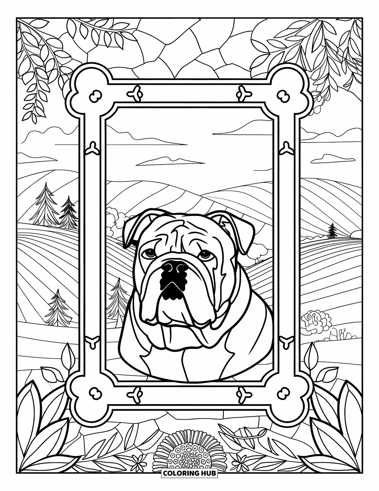 Bulldog Coloring Page for Adults: A bulldog portrait glows inside a stained-glass frame with flowers and a scenic view