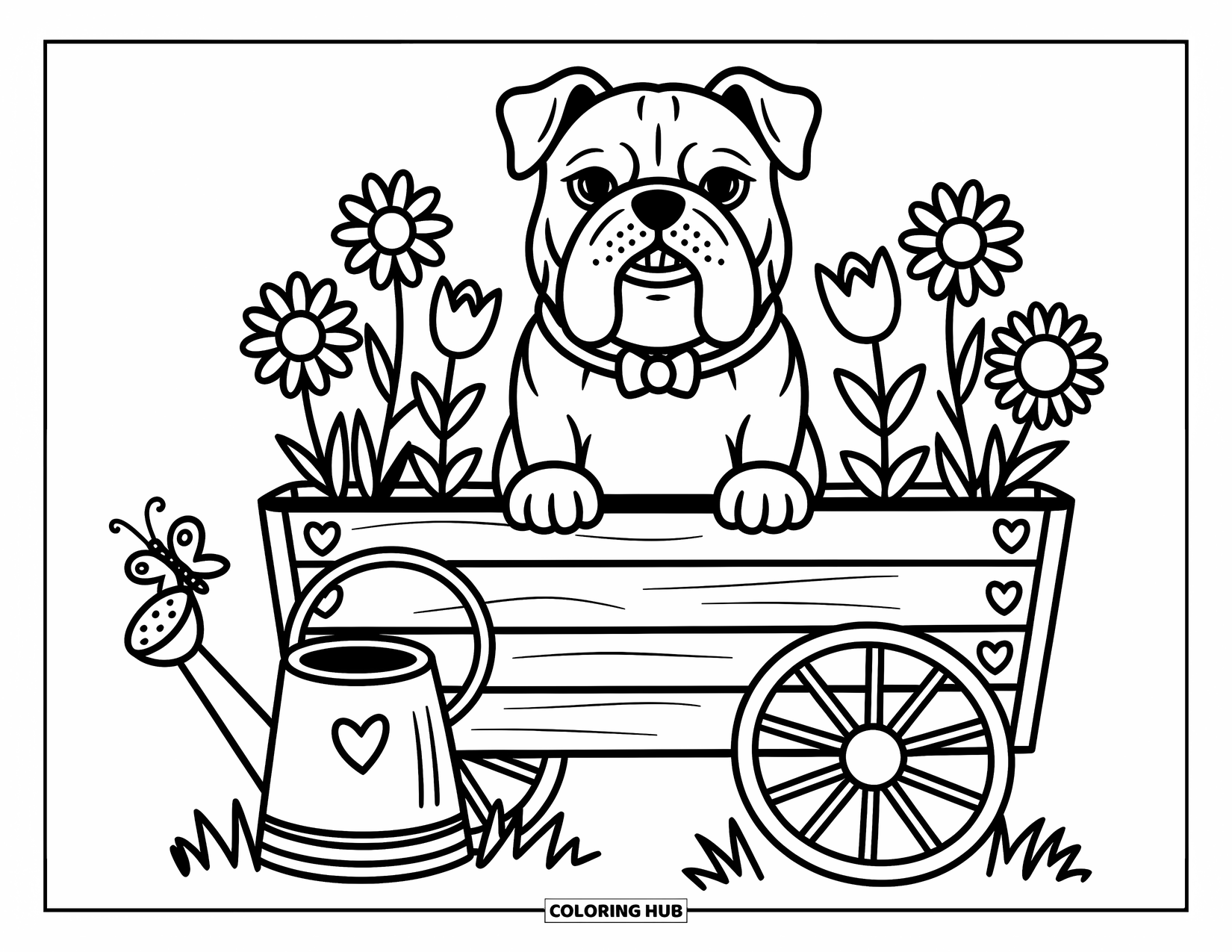 Bulldog Coloring Page for Adults: A bulldog rests in a flower cart with tiny flowers and a butterfly nearby