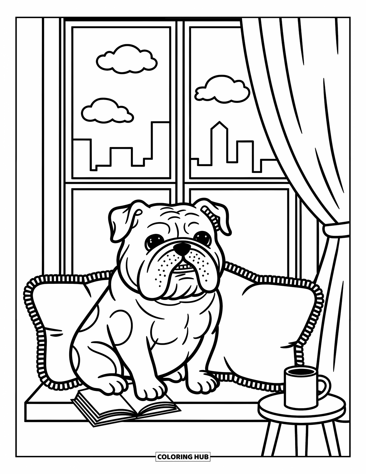 Bulldog Coloring Page for Adults: A bulldog sits on a windowsill with soft pillows, a tiny mug, and a breezy curtain