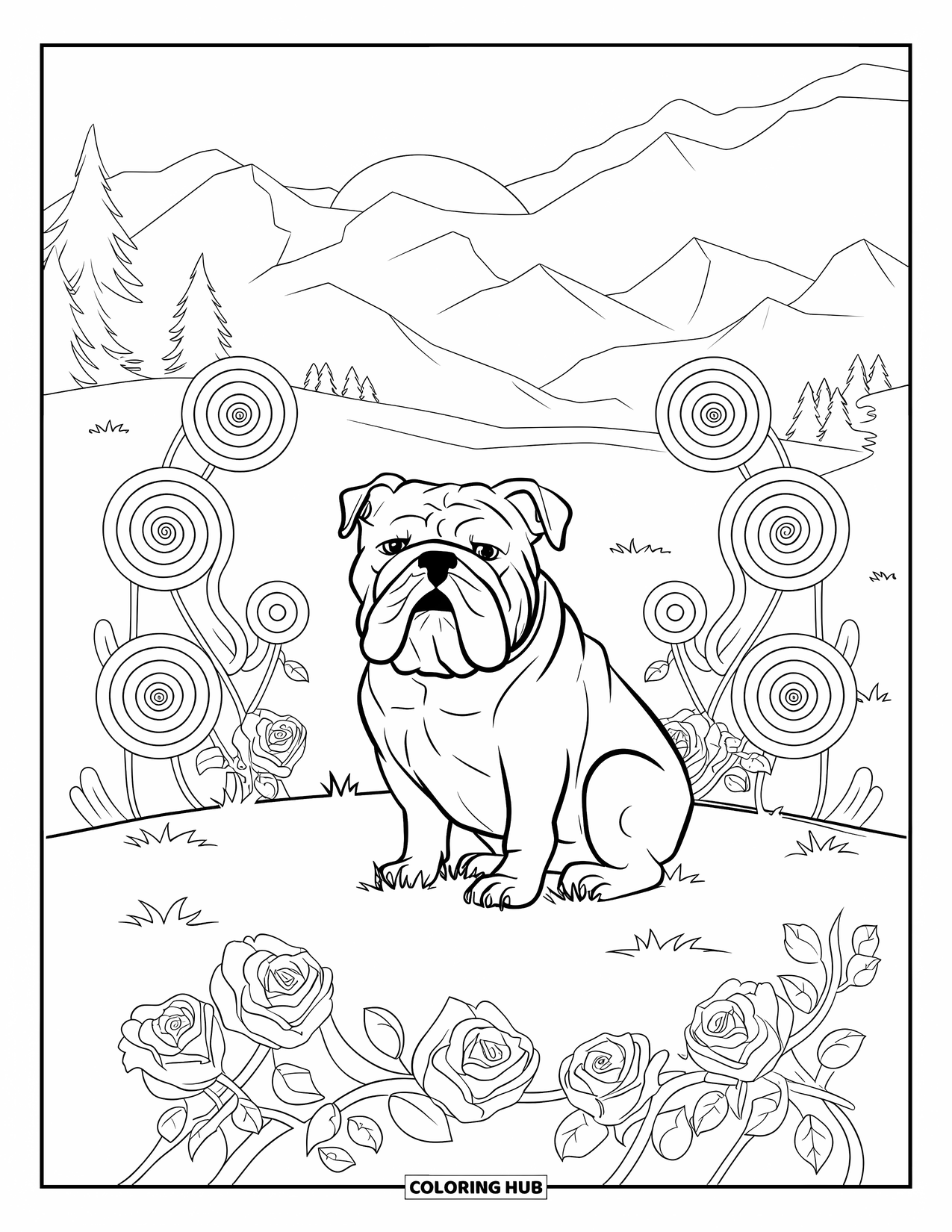Bulldog Coloring Page for Adults: A bulldog sits on grass surrounded by roses and spiral patterns