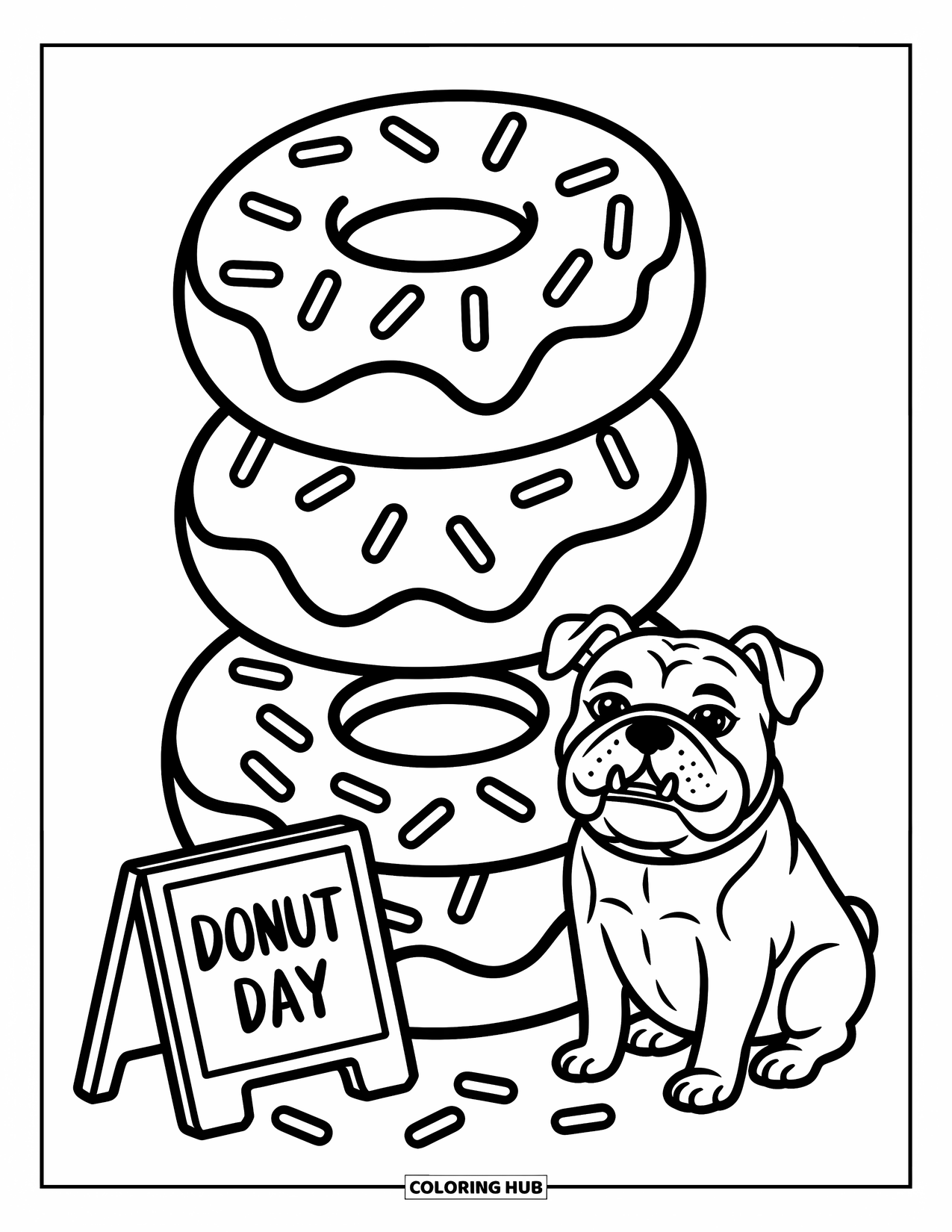 Bulldog Coloring Page for Adults: A bulldog with a happy face sits by giant donuts and a cute chalkboard sign
