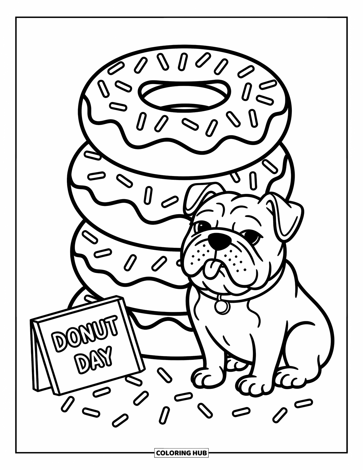 Bulldog Coloring Page for Adults: A bulldog with its tongue out sits beside donuts and playful sprinkles