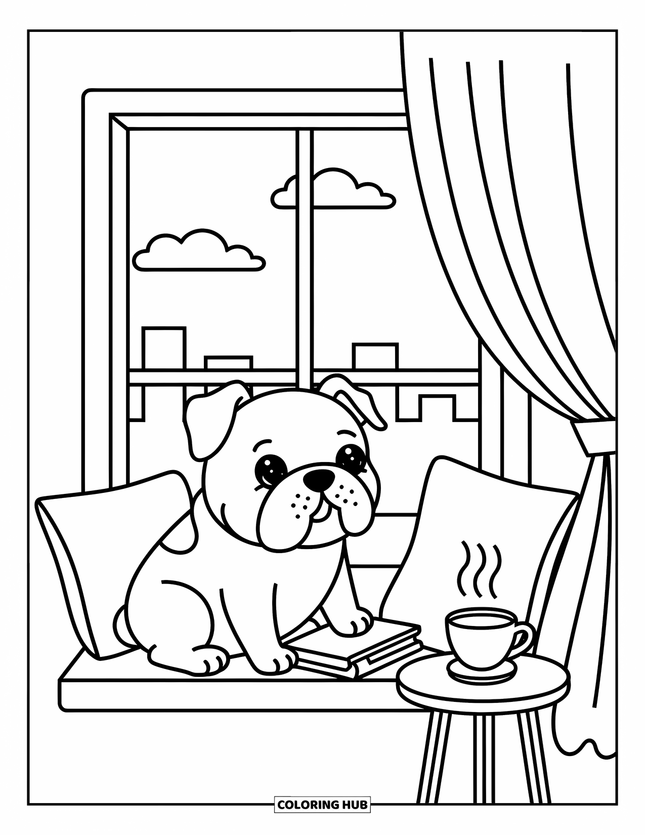 Bulldog Coloring Page for Adults: A cozy bulldog relaxes by the window with pillows, a book, and a tiny drink