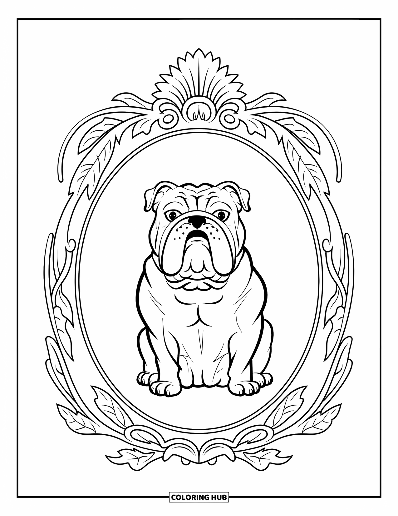 Bulldog Coloring Page for Adults: A crowned bulldog poses inside a decorative oval frame of vines