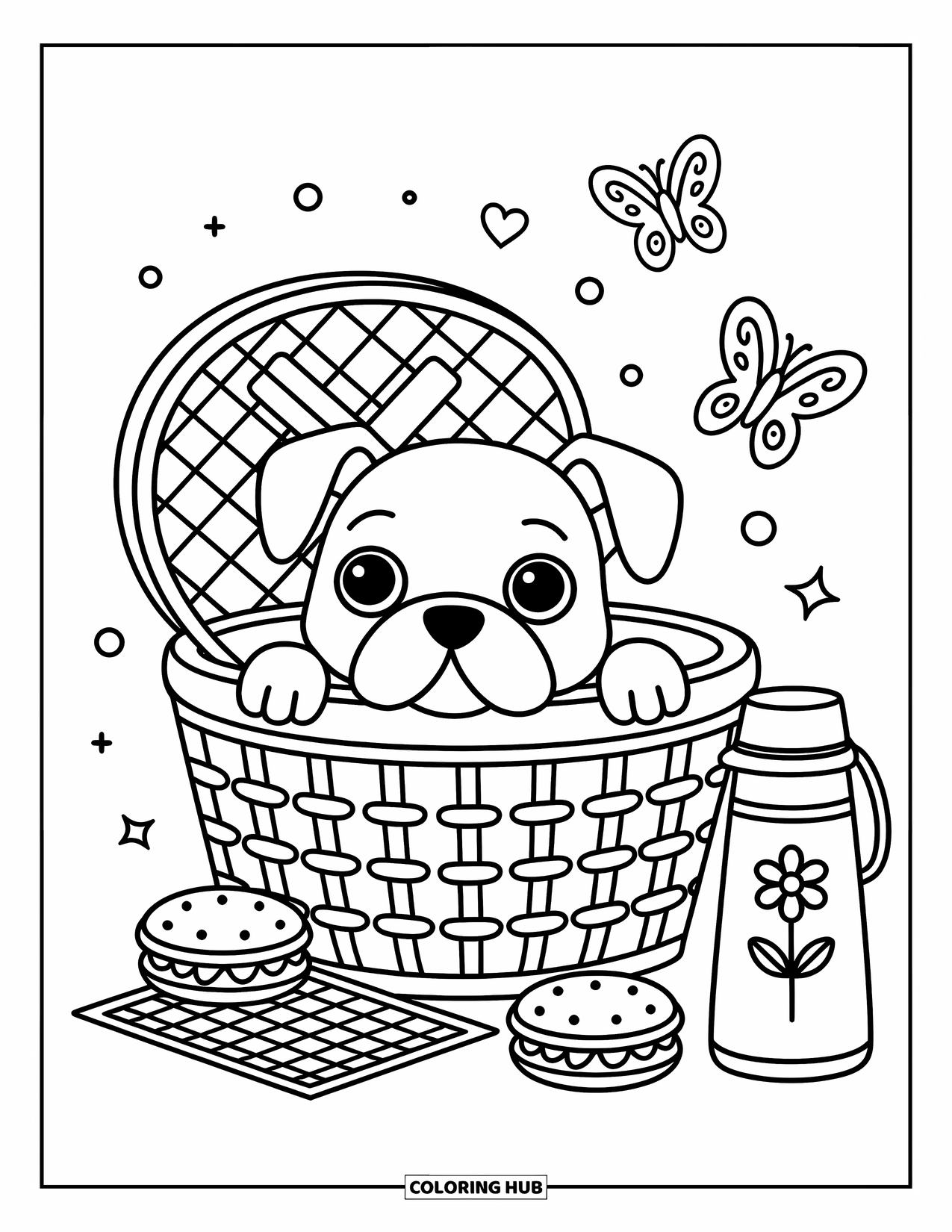 Bulldog Coloring Page for Adults: A curious bulldog sits in a basket surrounded by snacks, a napkin, and a butterfly