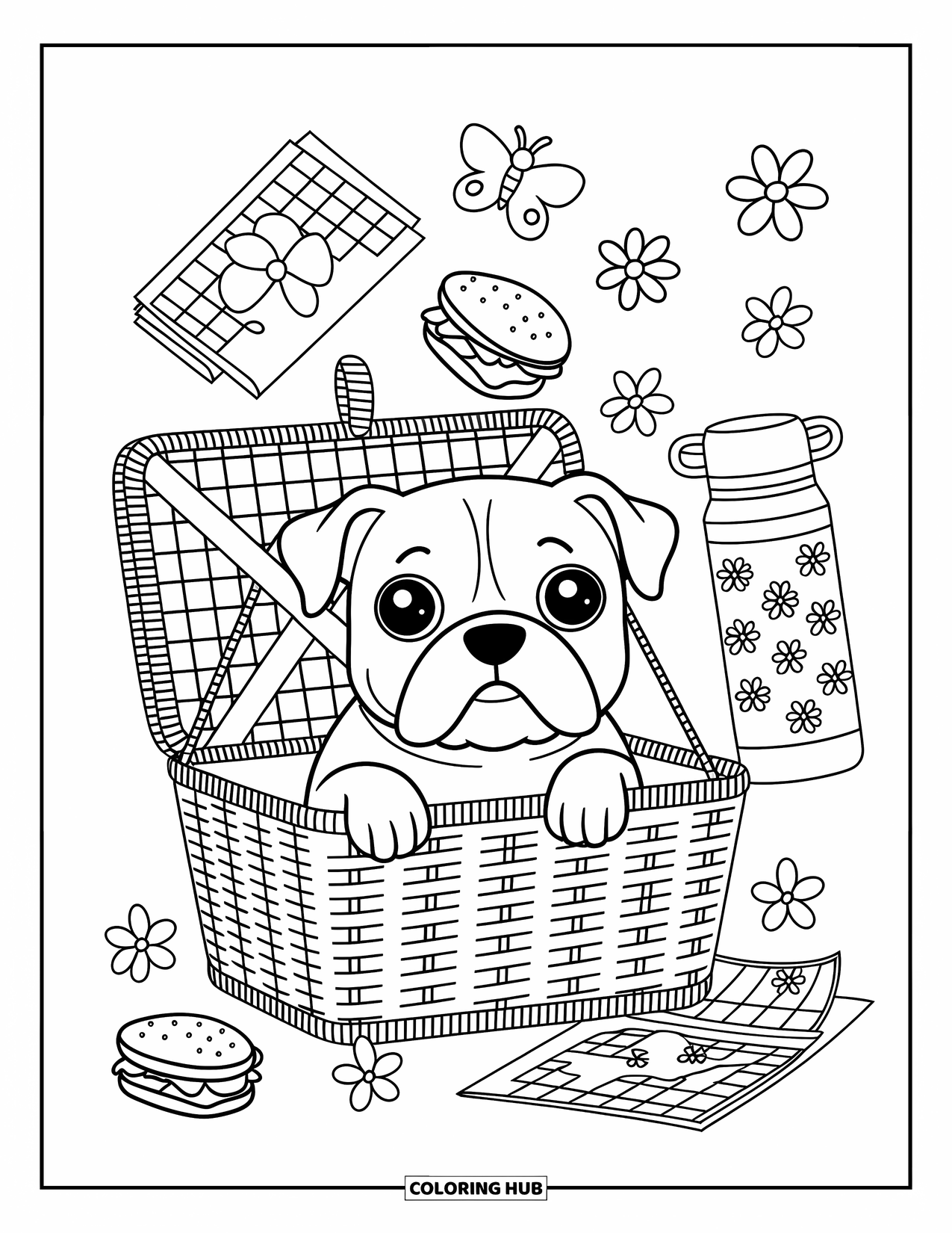 Bulldog Coloring Page for Adults: A little bulldog hides in a picnic basket with sandwiches, a butterfly, and a thermos