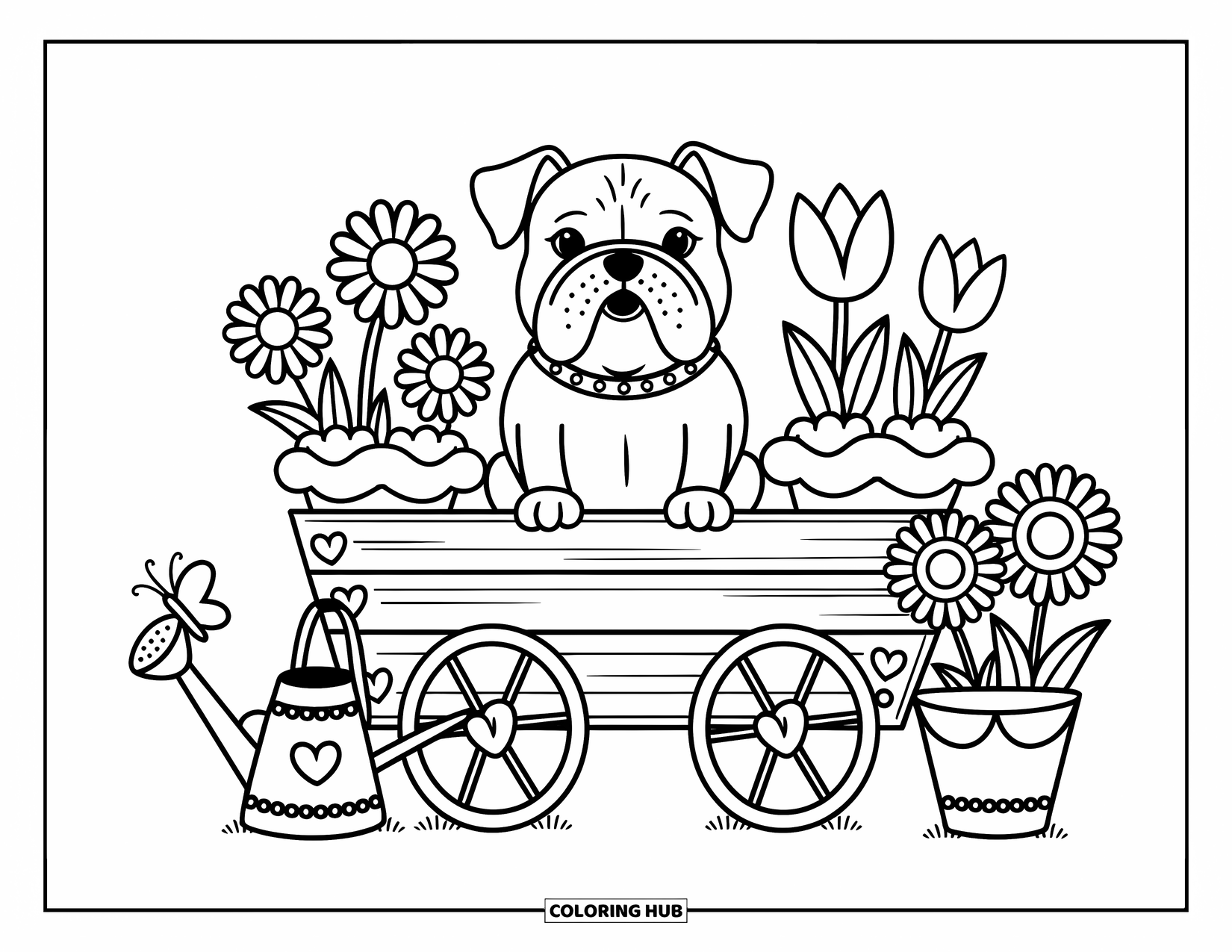 Bulldog Coloring Page for Adults: A little bulldog sits happily in a flower cart beside a butterfly and a watering can