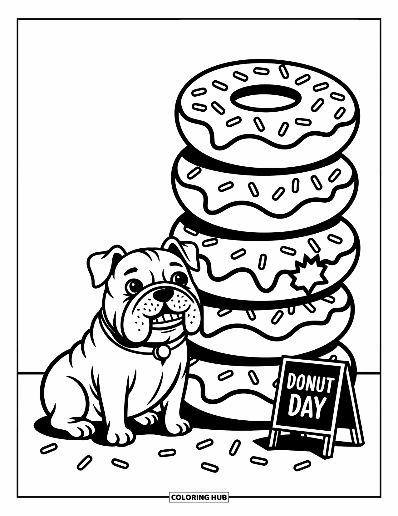 Bulldog Coloring Page for Adults: A playful bulldog sits beside a stack of donuts with sprinkles scattered on the floor