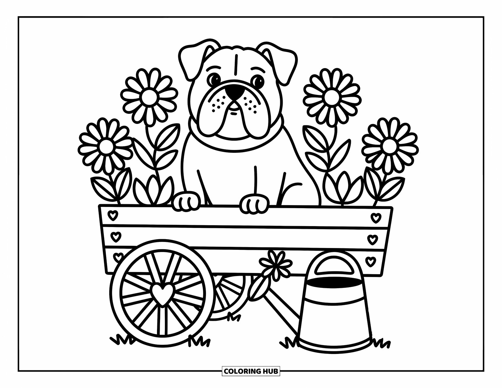 Bulldog Coloring Page for Adults: A proud bulldog sits in a flower cart with pots of daisies, tulips, and sunflowers