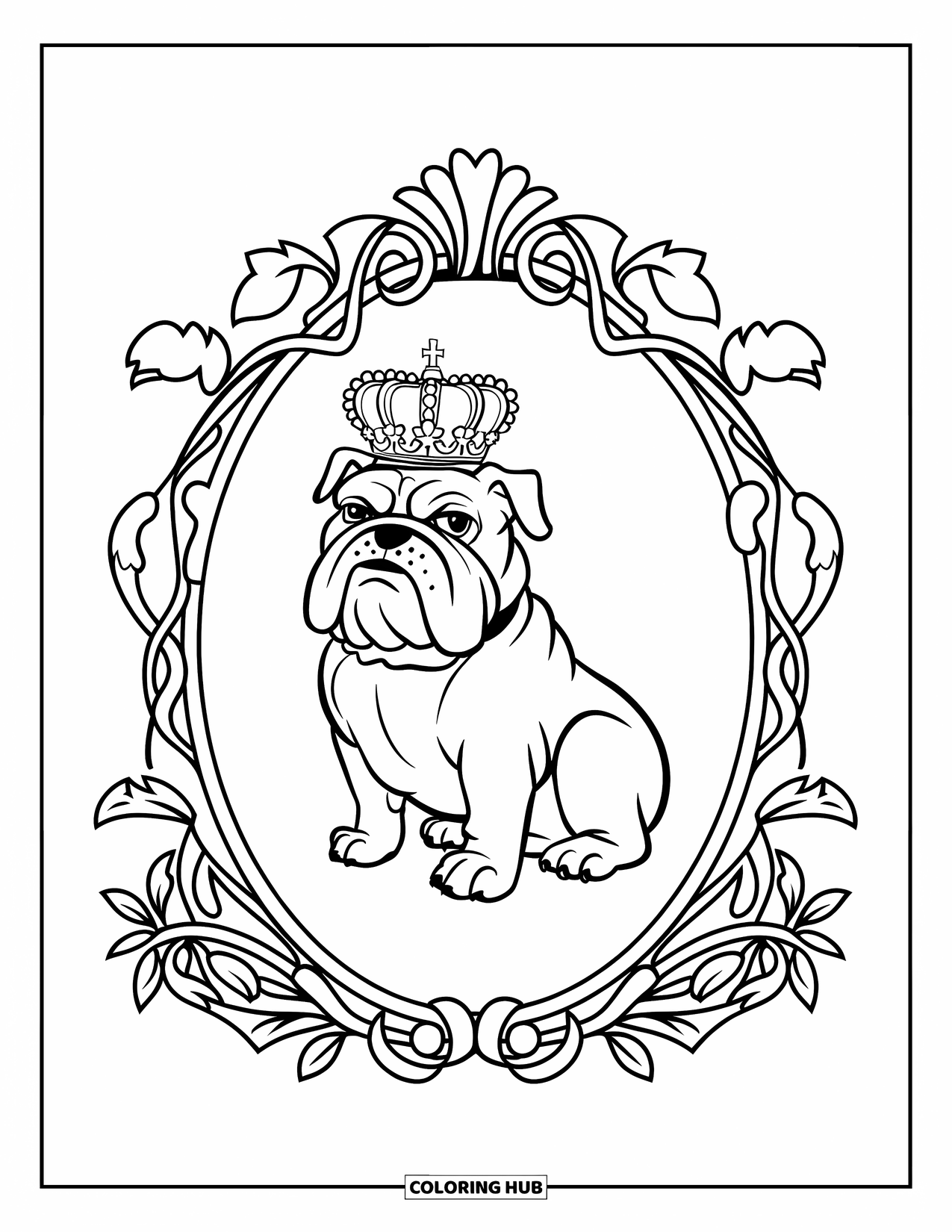 Bulldog Coloring Page for Adults: A royal bulldog sits proudly inside an ornate frame with leafy vines