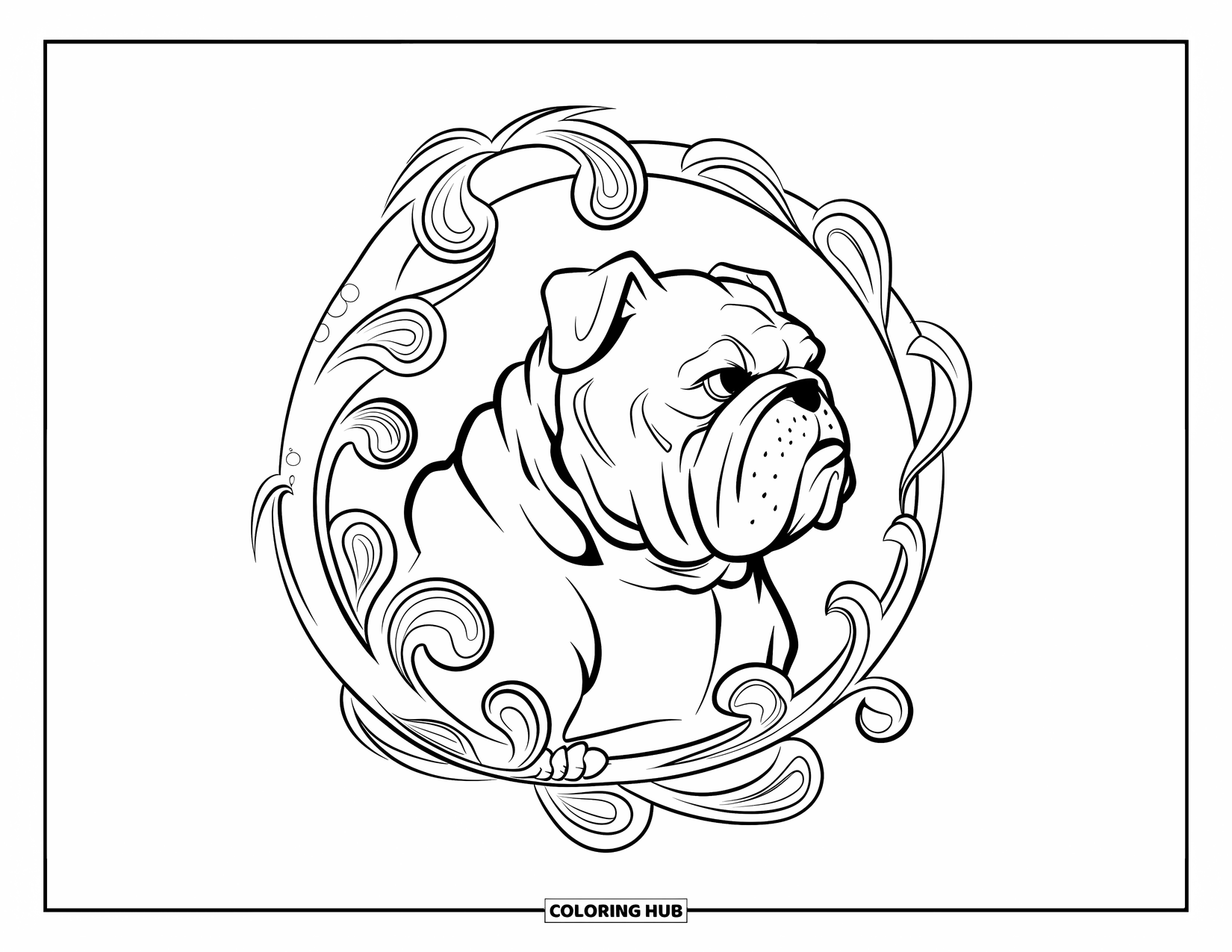 Bulldog Coloring Page for Adults: A side-view bulldog rests among flowing, patterned art nouveau vines