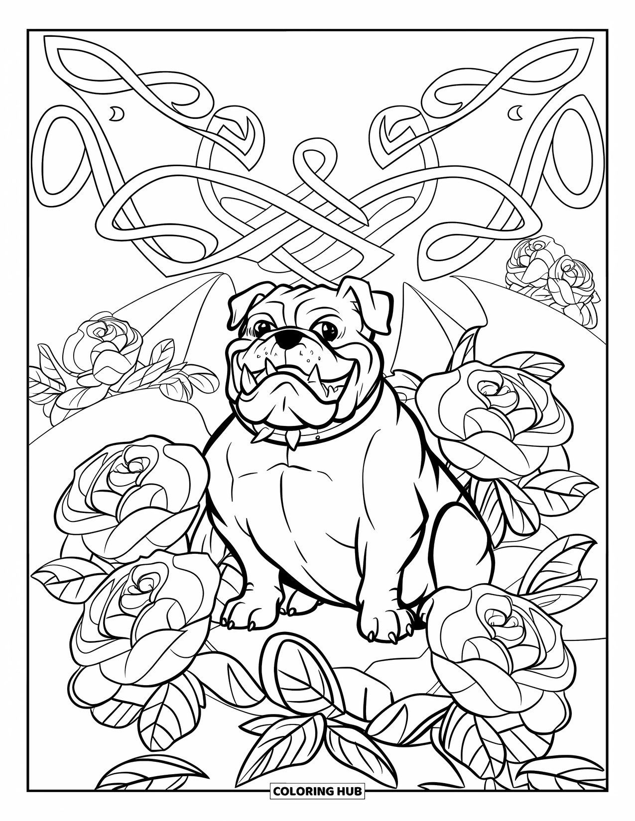 Bulldog Coloring Page for Adults: A smiling bulldog with a collar sits among detailed roses and curling vines