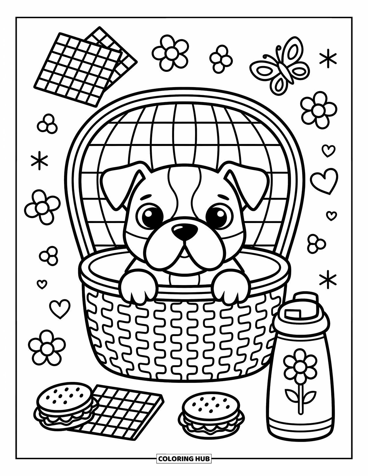 Bulldog Coloring Page for Adults: A sweet bulldog peeks out from a picnic basket with a flower thermos nearby