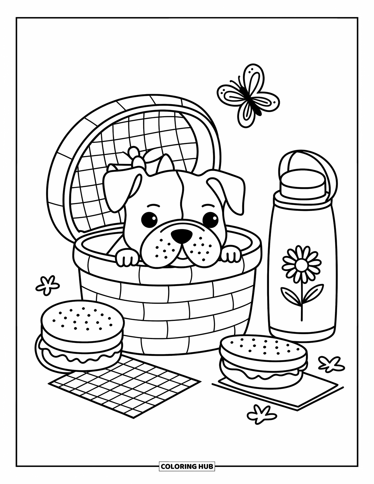 Bulldog Coloring Page for Adults: A tiny bulldog peeks from a picnic basket with sandwiches, a thermos, and a butterfly