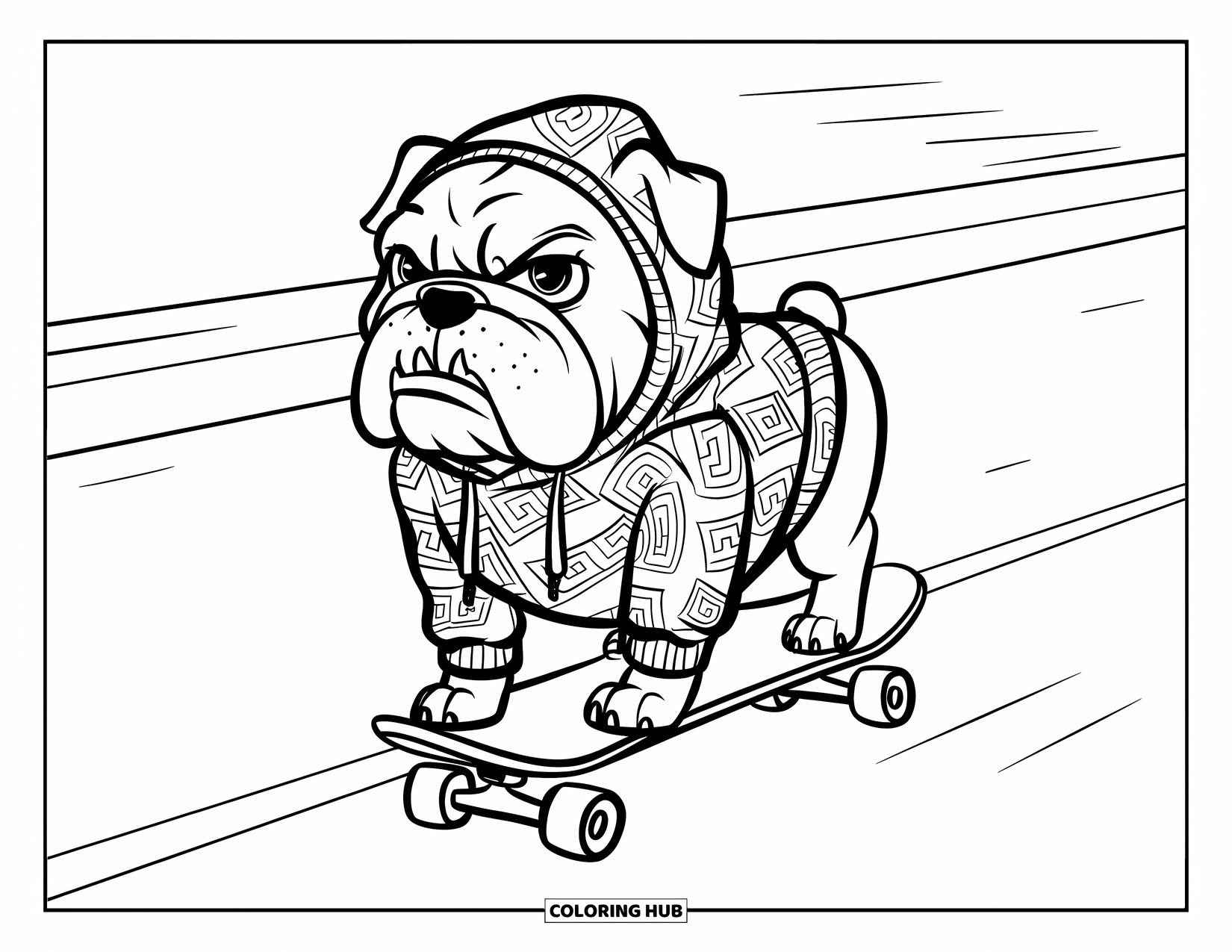 Bulldog Coloring Page for Kids: A bulldog in a hoodie rides a skateboard with a cool, confident look