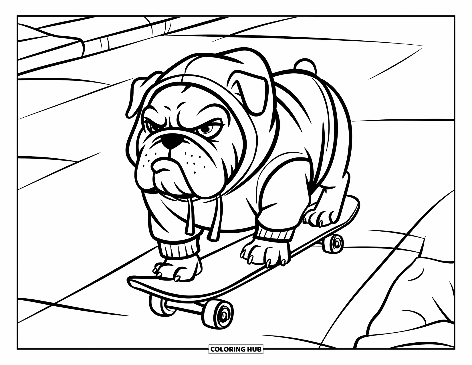 Bulldog Coloring Page for Kids: A bulldog in a red hoodie skates seriously down a paved path