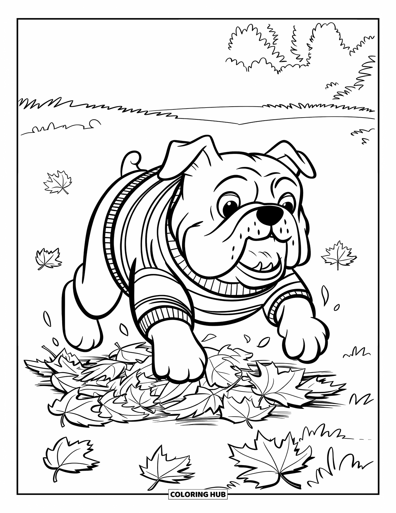 Bulldog Coloring Page for Kids: A bulldog in a striped sweater leaps into a pile of autumn leaves