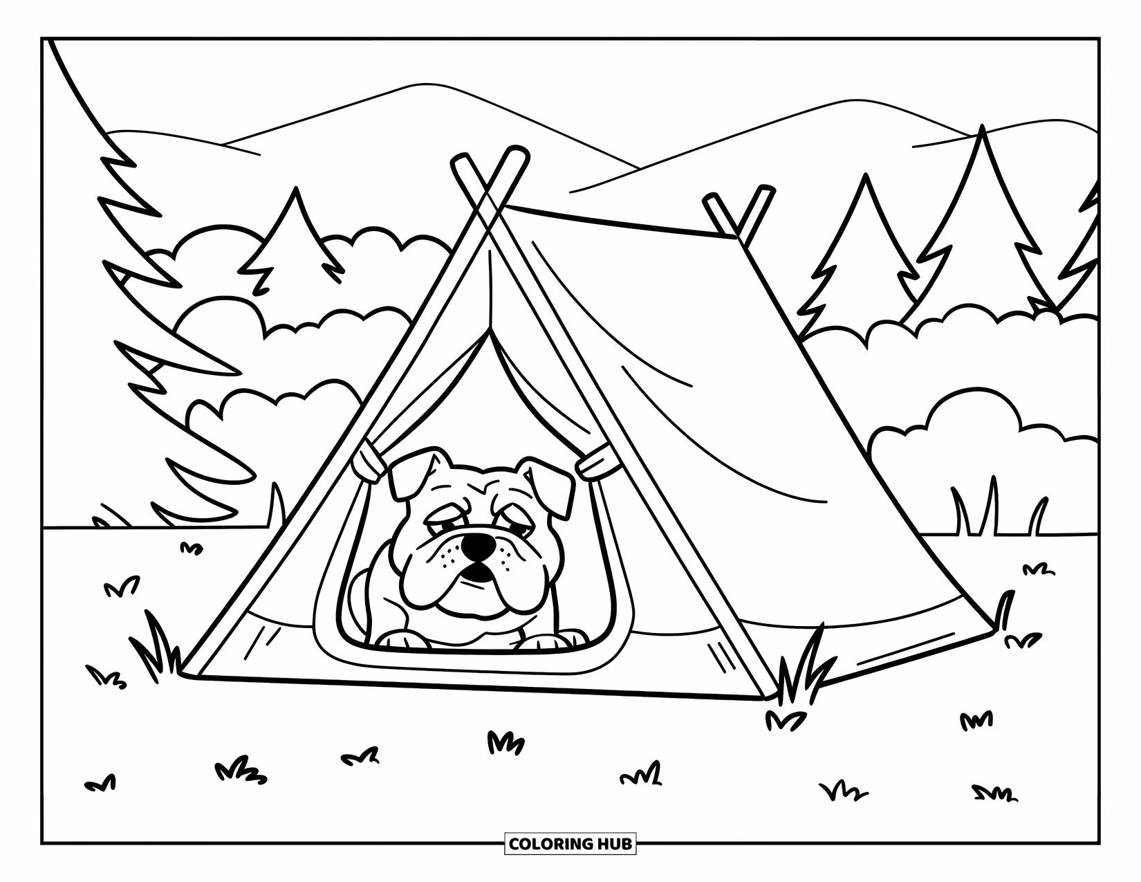 Bulldog Coloring Page for Kids: A bulldog peeks out from a tent during a peaceful camping trip