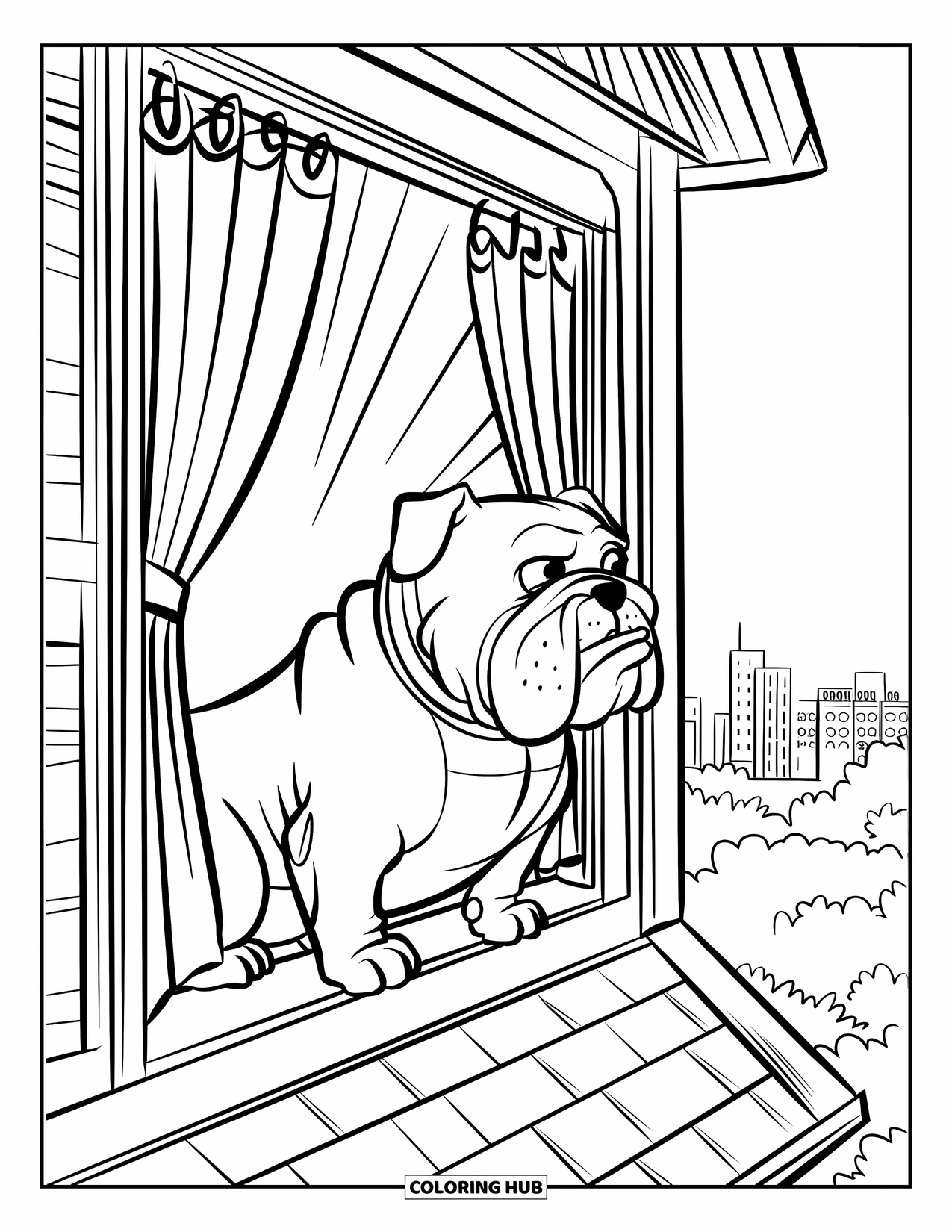 Bulldog Coloring Page for Kids: A bulldog perches on a rooftop, looking out at the city through a curtained window