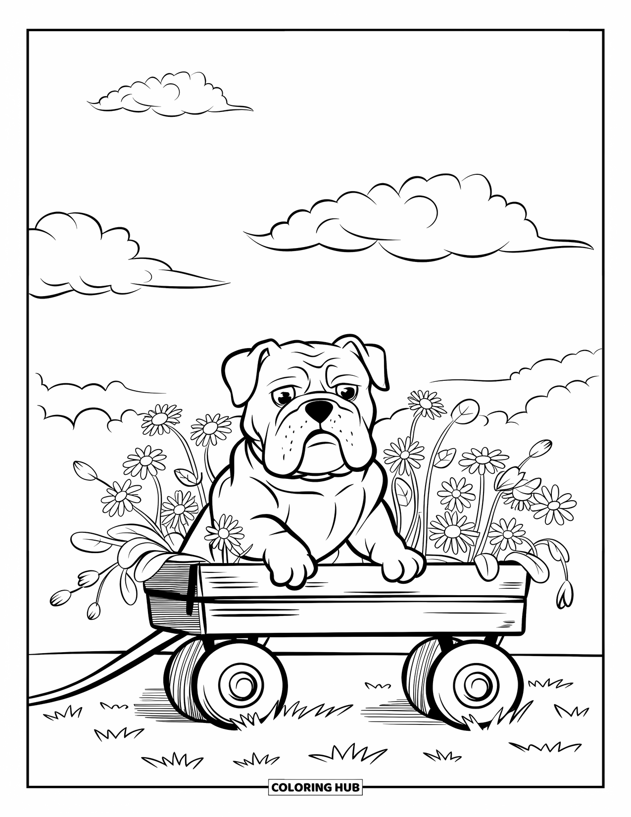 Bulldog Coloring Page for Kids: A bulldog puppy rests in a flower-filled wagon under a cloudy sky