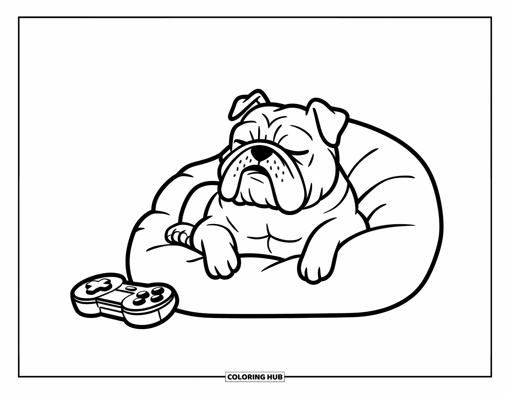 Bulldog Coloring Page for Kids: A bulldog relaxes on a beanbag with a game controller beside it