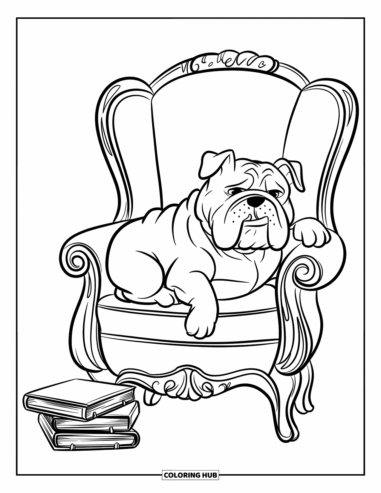 Bulldog Coloring Page for Kids: A bulldog rests on a vintage armchair with books scattered nearby