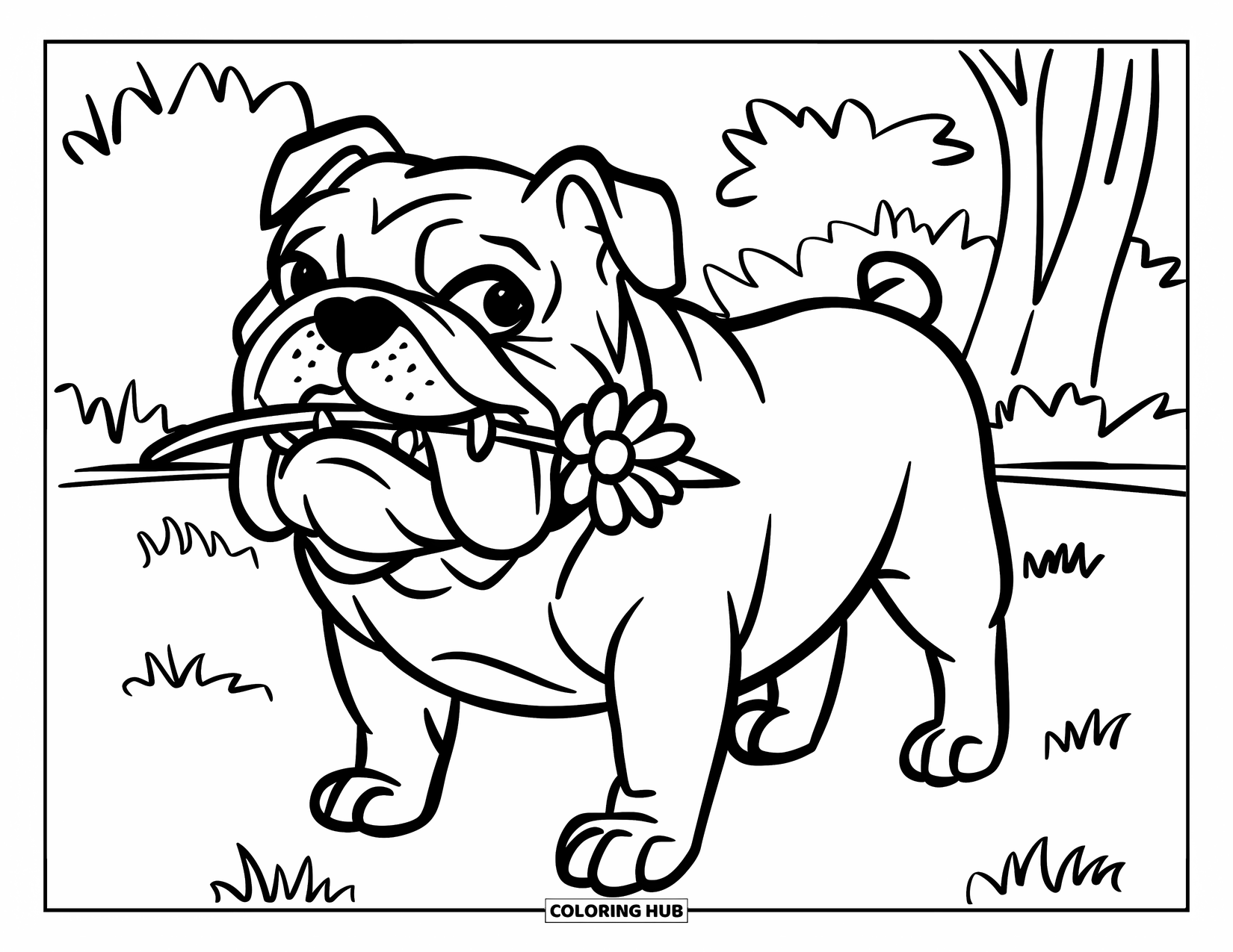 Bulldog Coloring Page for Kids: A bulldog stands in a field holding a flower in its mouth