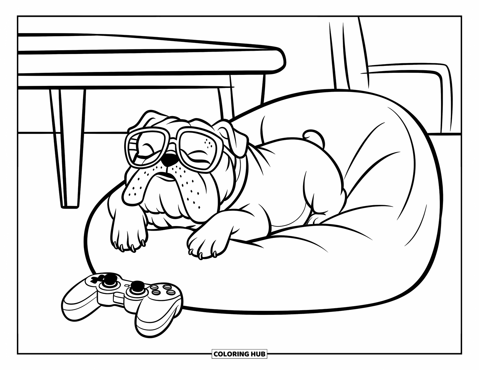 Bulldog Coloring Page for Kids: A bulldog wearing glasses naps on a beanbag beside a controller in a cozy room