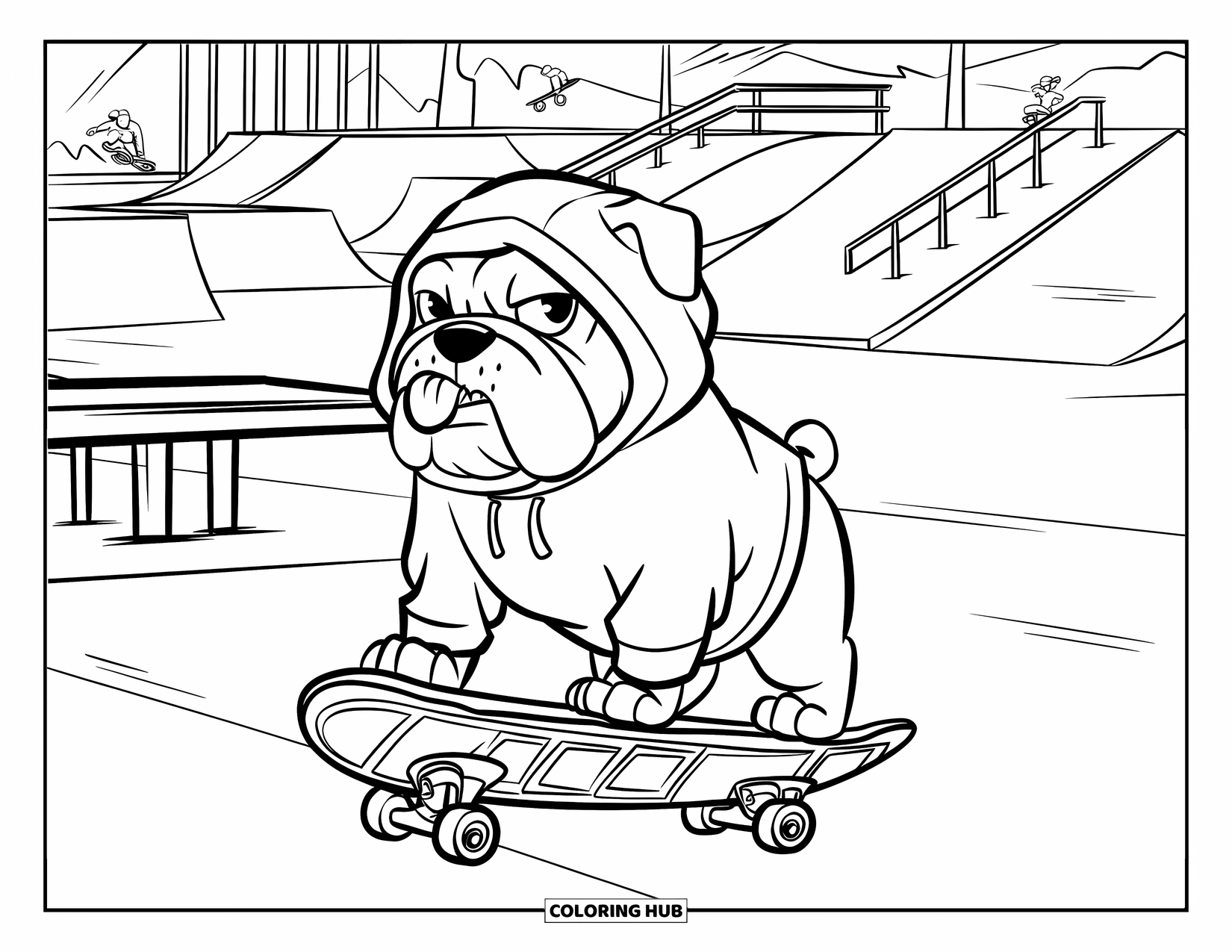 Bulldog Coloring Page for Kids: A bulldog with its tongue out rides a skateboard through a lively skate park