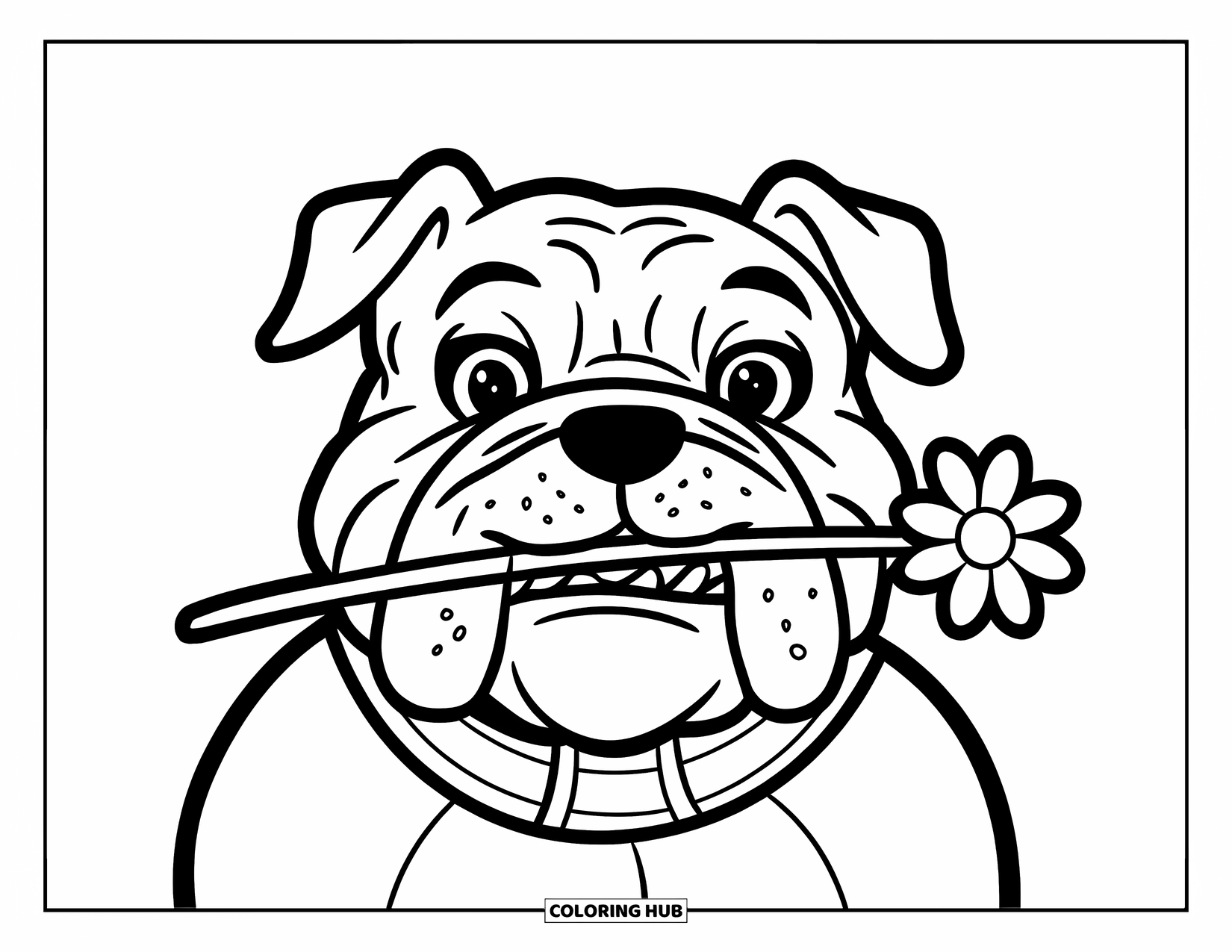 Bulldog Coloring Page for Kids: A cheerful bulldog with a collar carries a flower in its mouth