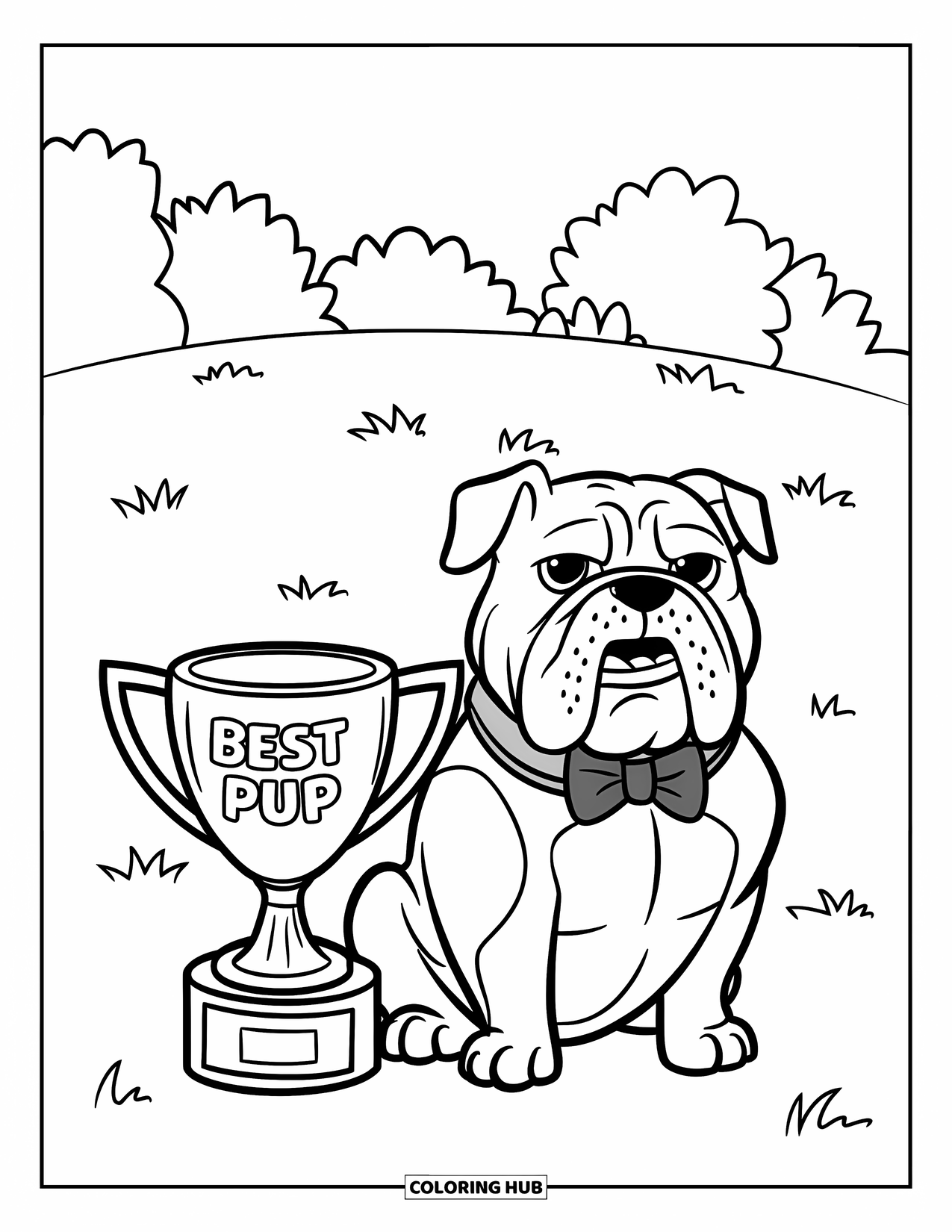 Bulldog Coloring Page for Kids: A happy bulldog with a bowtie sits by a trophy in a grassy field