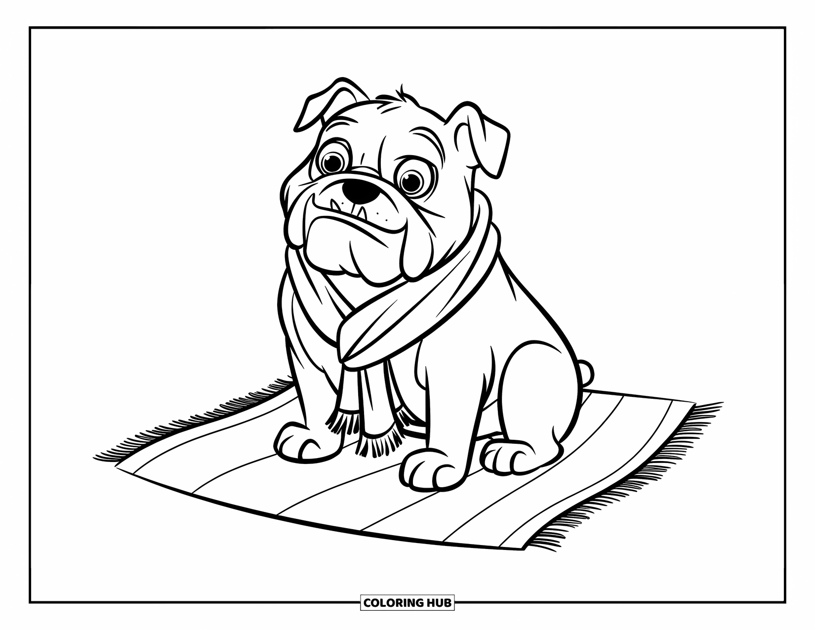 Bulldog Coloring Page for Kids: A happy bulldog with big eyes sits warmly on a mat