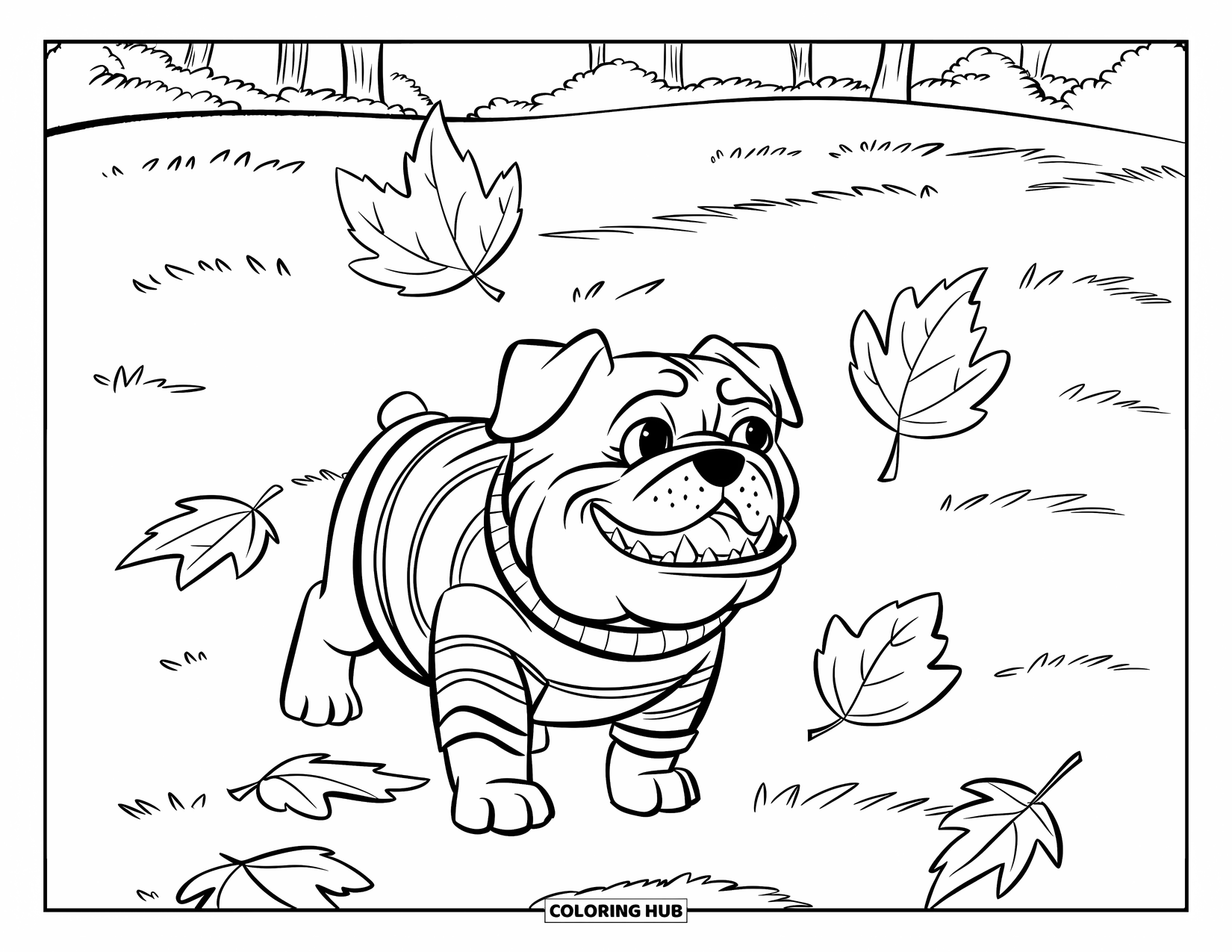 Bulldog Coloring Page for Kids: A smiling bulldog in a sweater catches leaves in a field with scattered trees