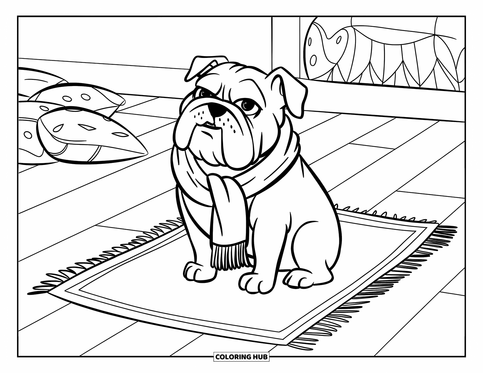 Bulldog Coloring Page for Kids: A smiling bulldog with a scarf sits on a mat near soft pillows