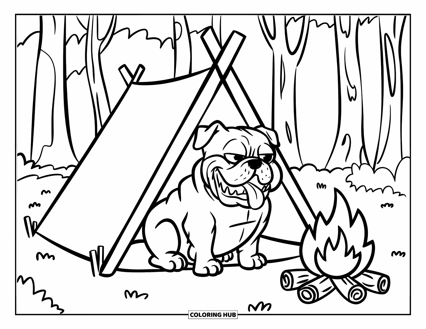Bulldog Coloring Page for Kids: A smiling bulldog with its tongue out sits in a tent near a campfire