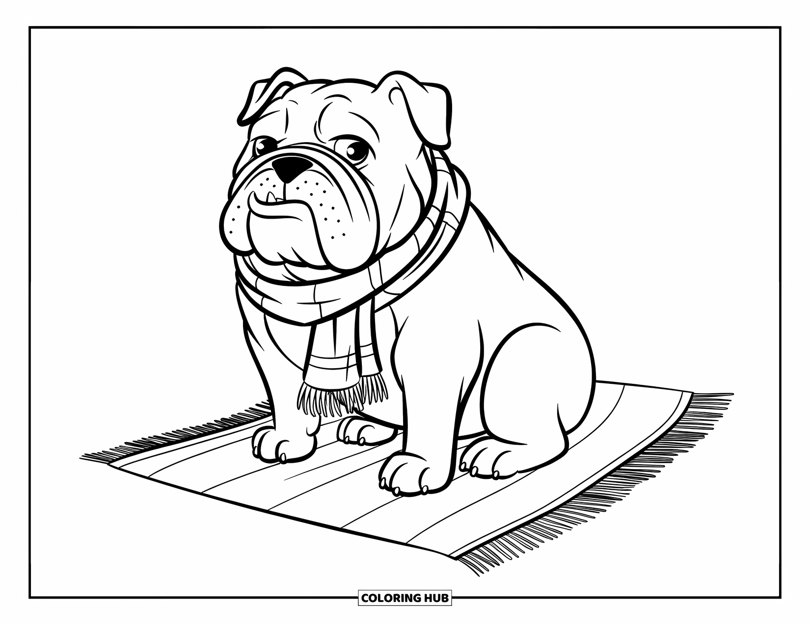 Bulldog Coloring Page for Kids: A wrinkly bulldog with a scarf rests calmly on a soft mat