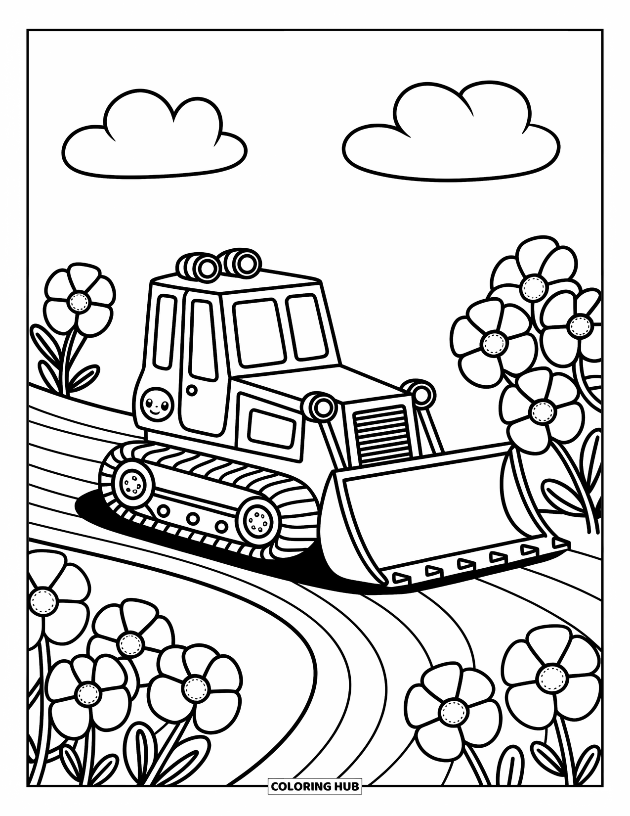 Bulldozer Coloring Page for Adults: Bulldozer cruises down a flower-filled path under doodled clouds
