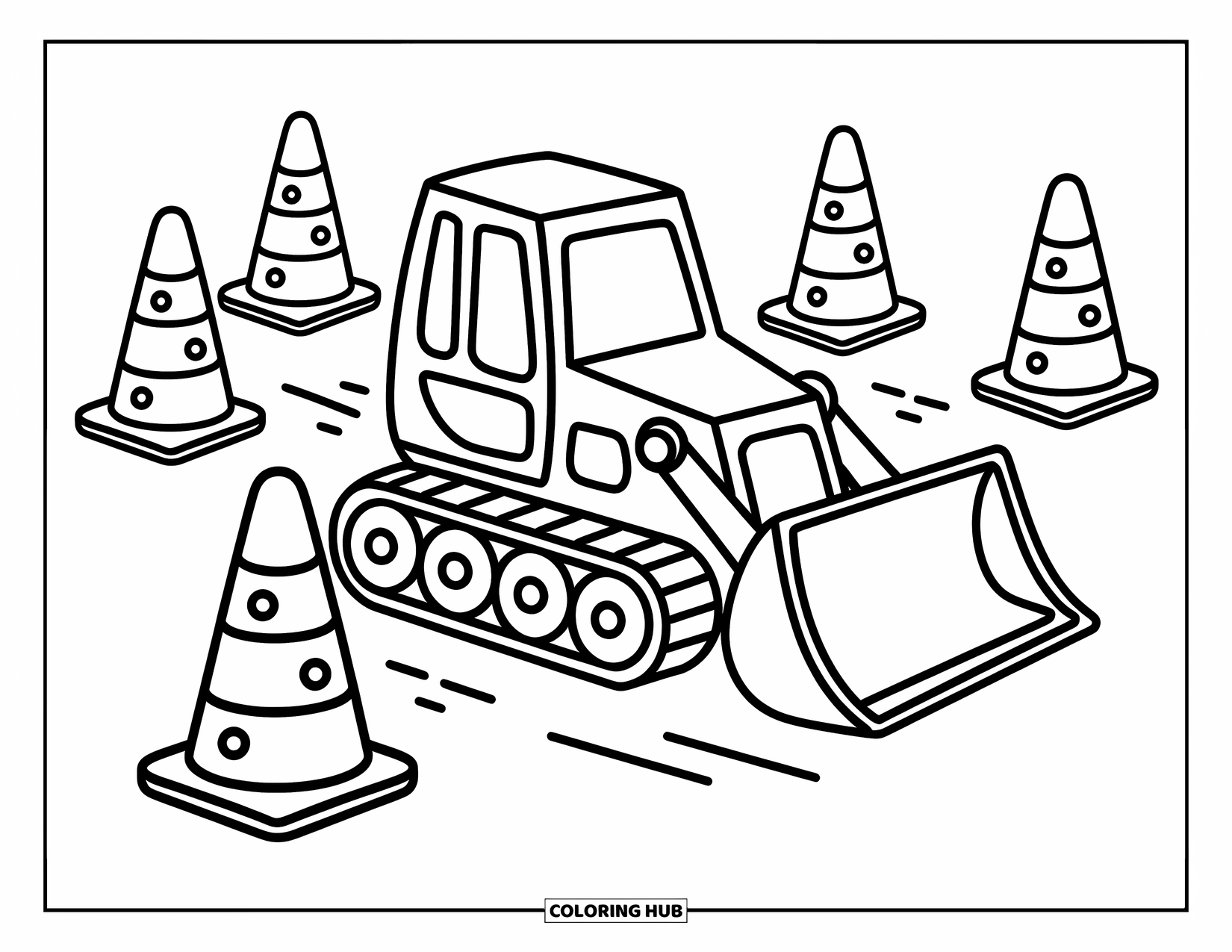 Bulldozer Coloring Page for Adults: Bulldozer drives between kawaii cones with soft motion lines