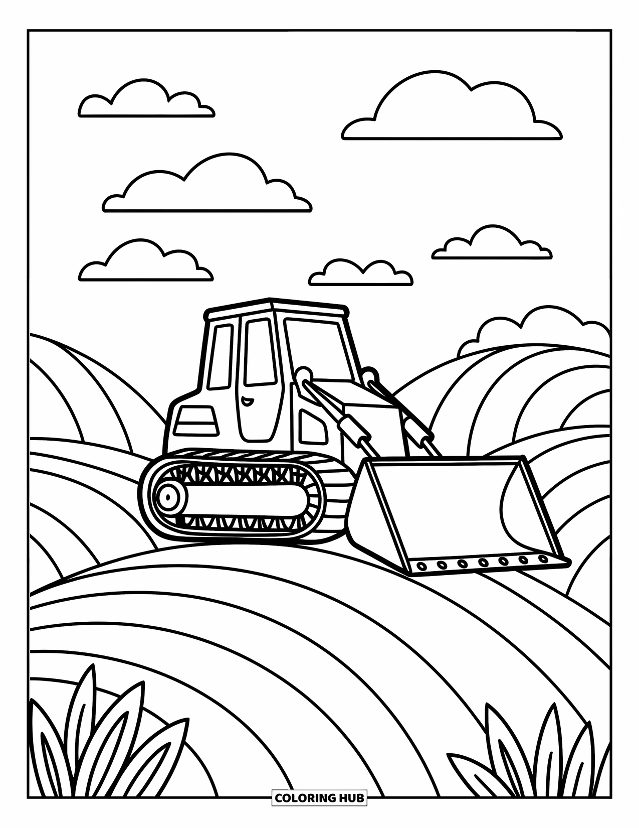 Bulldozer Coloring Page for Adults: Bulldozer finishes work on a gentle hill beneath soft, layered clouds