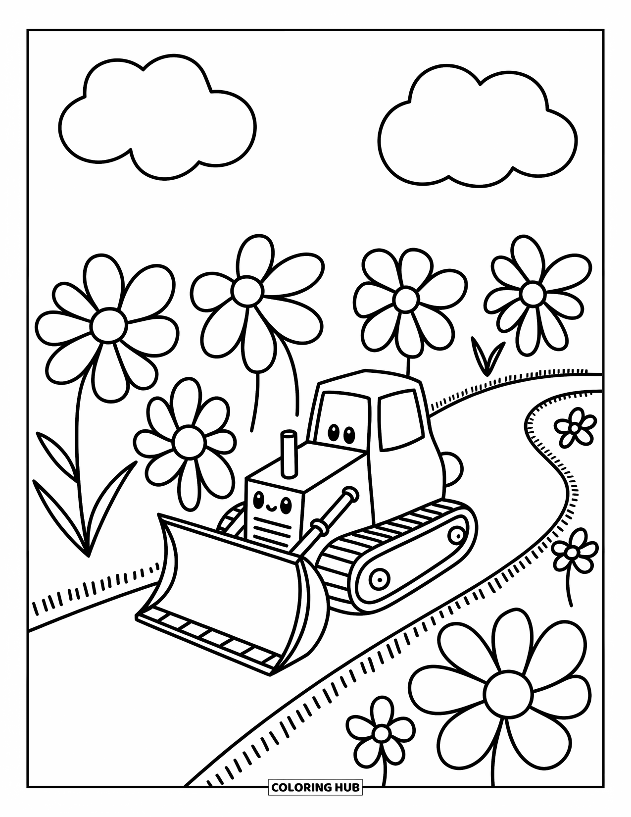 Bulldozer Coloring Page for Adults: Bulldozer follows a winding path surrounded by cozy flower outlines