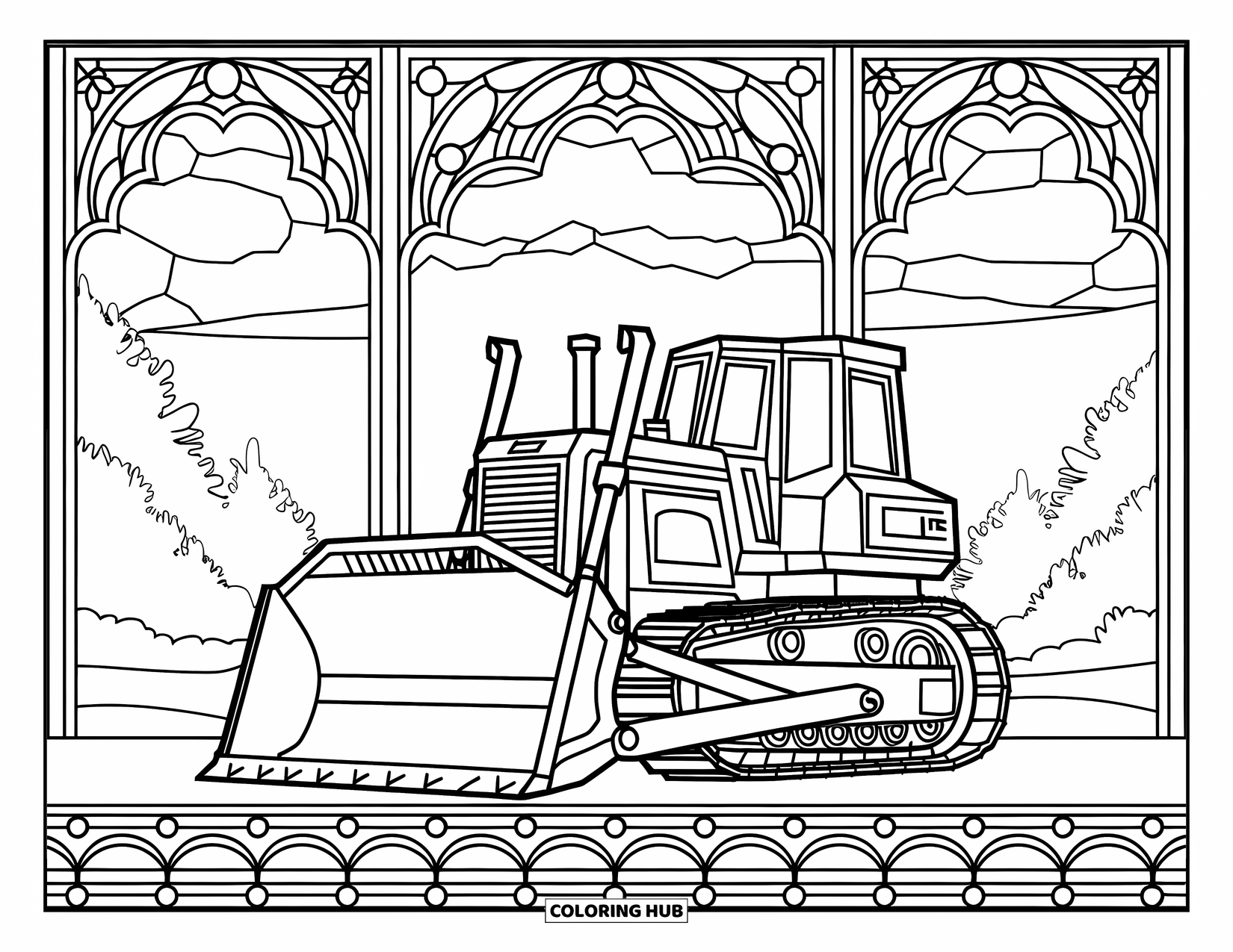 Bulldozer Coloring Page for Adults: Bulldozer framed by stained glass with trees and a sky in the background