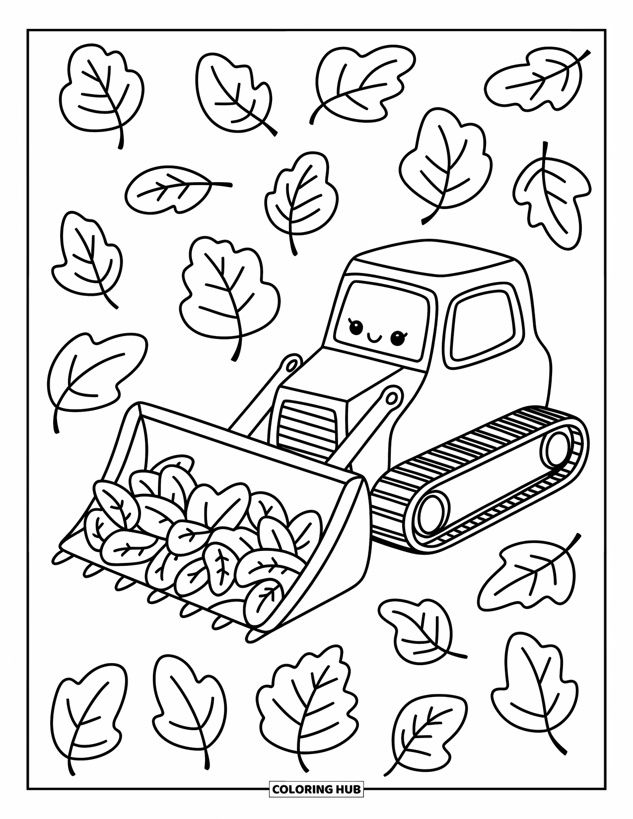 Bulldozer Coloring Page for Adults: Bulldozer gently pushes leaves, leaving a cozy trail behind
