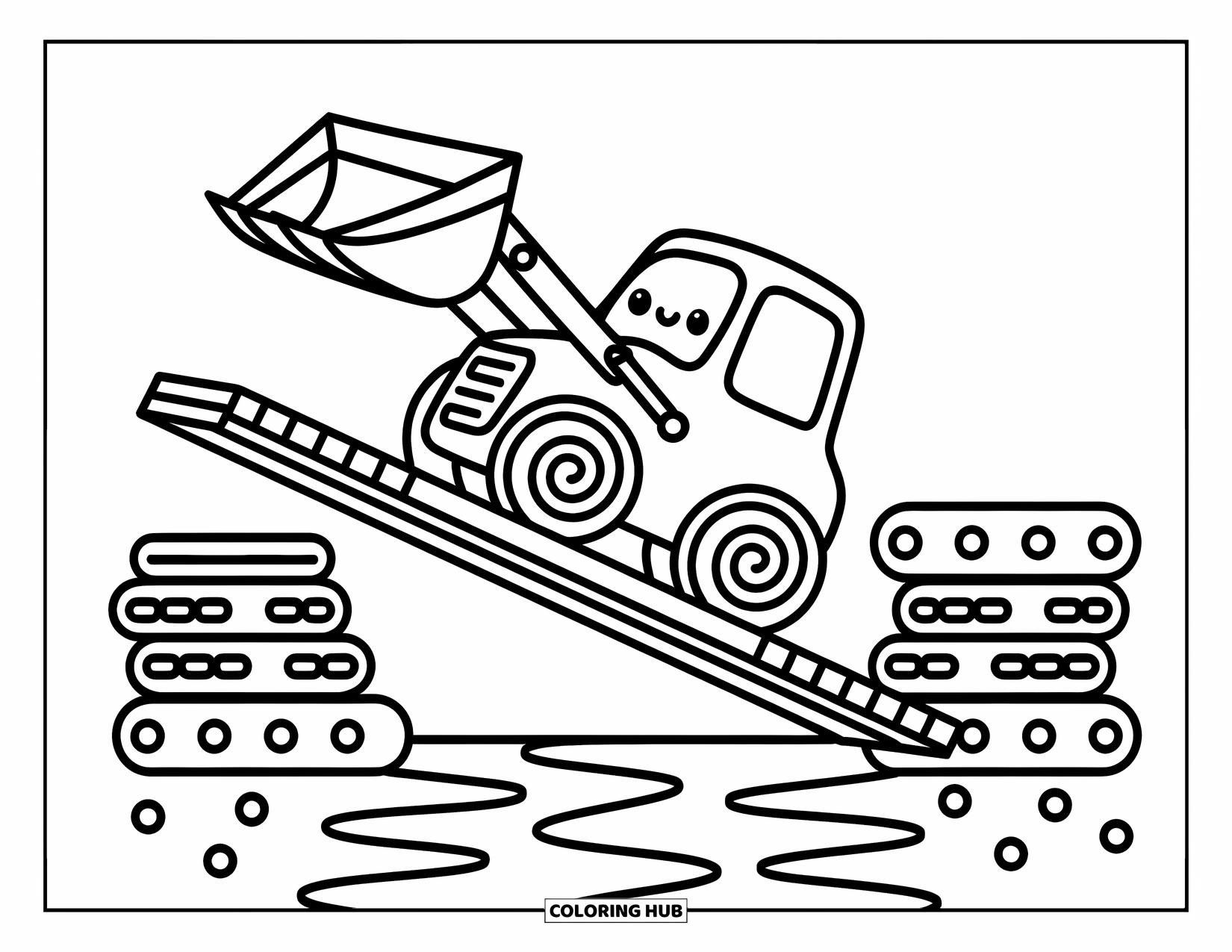 Bulldozer Coloring Page for Adults: Bulldozer lifts a wooden plank beside tidy stacks of beams