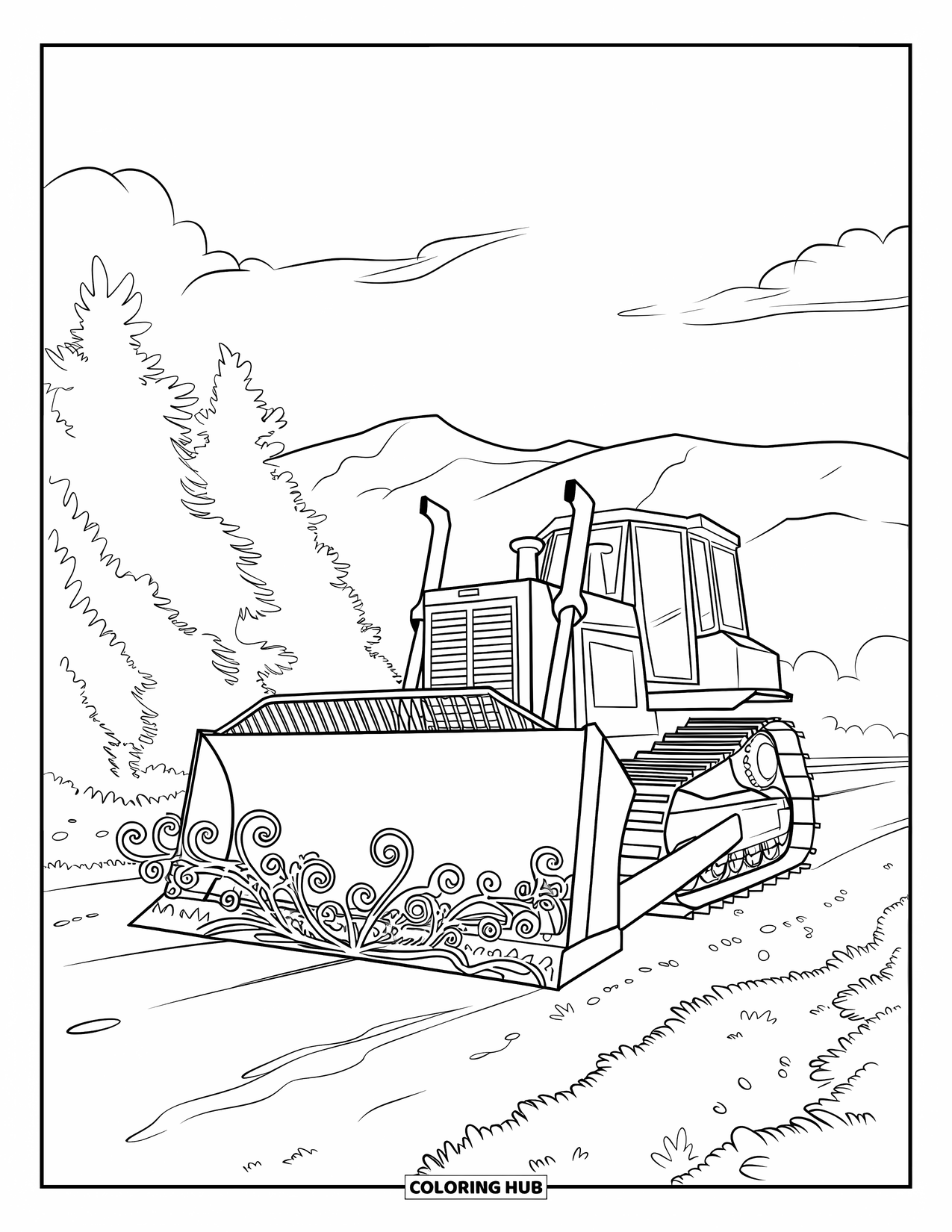Bulldozer Coloring Page for Adults: Bulldozer on a dirt path with botanical curls and a mountain view